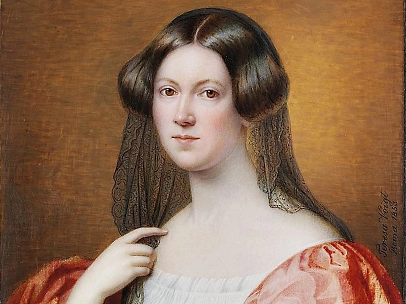 1799-Teresa Fioroni-Voigt - Una giovane donna, in abito in stile rinascimentale con camicia bianca